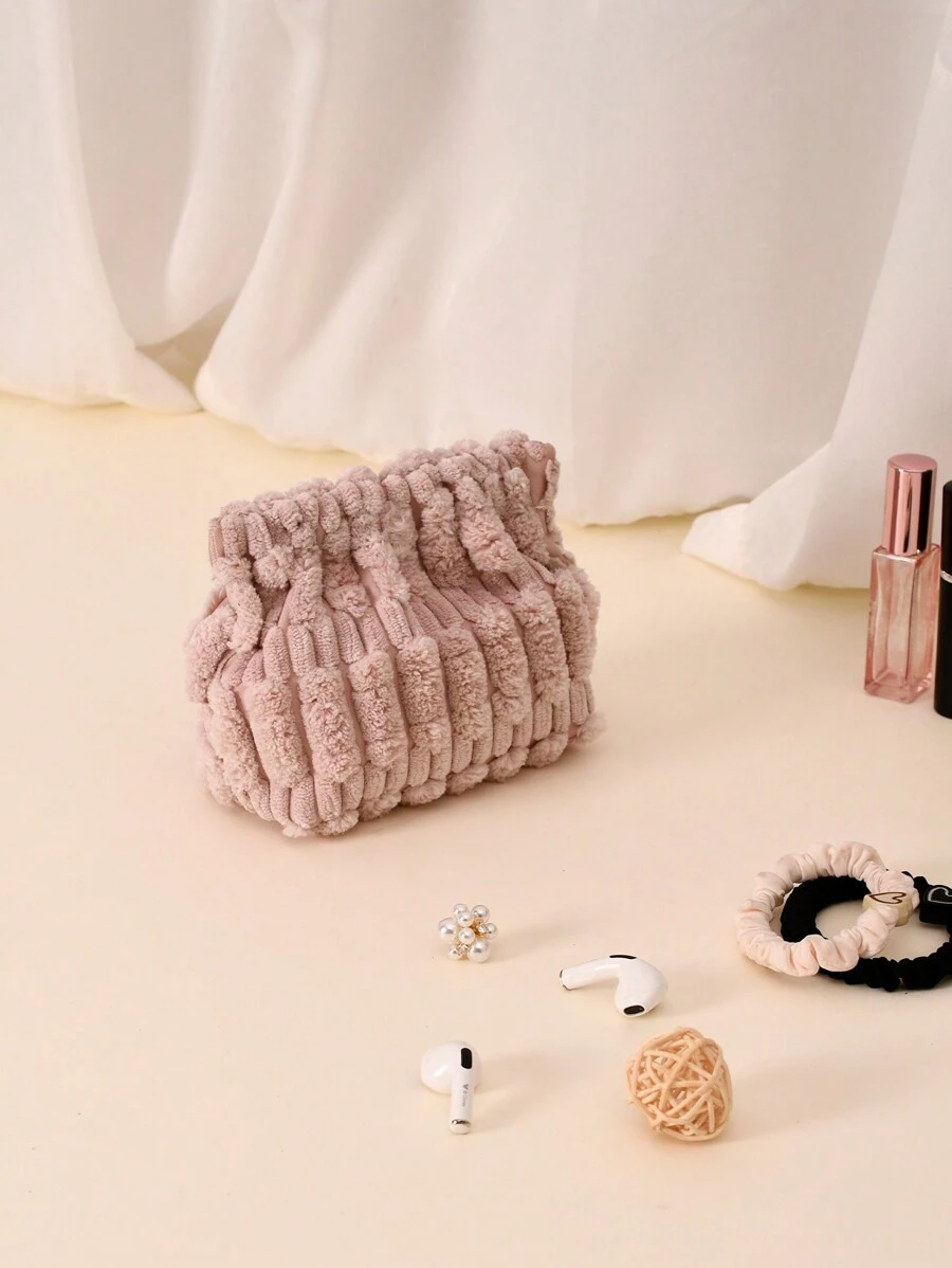 1pc Fun Gifts Portable Pouch - Fluffy Corduroy Elastic Storage Bag Hair Tie Organizer Pocket Cosmetic Bag Travel Makeup Bag Squeeze Top Gifts Hot Pink Pouch For Women Wallet Mini Wallet Purse Wallet Coin Wallet