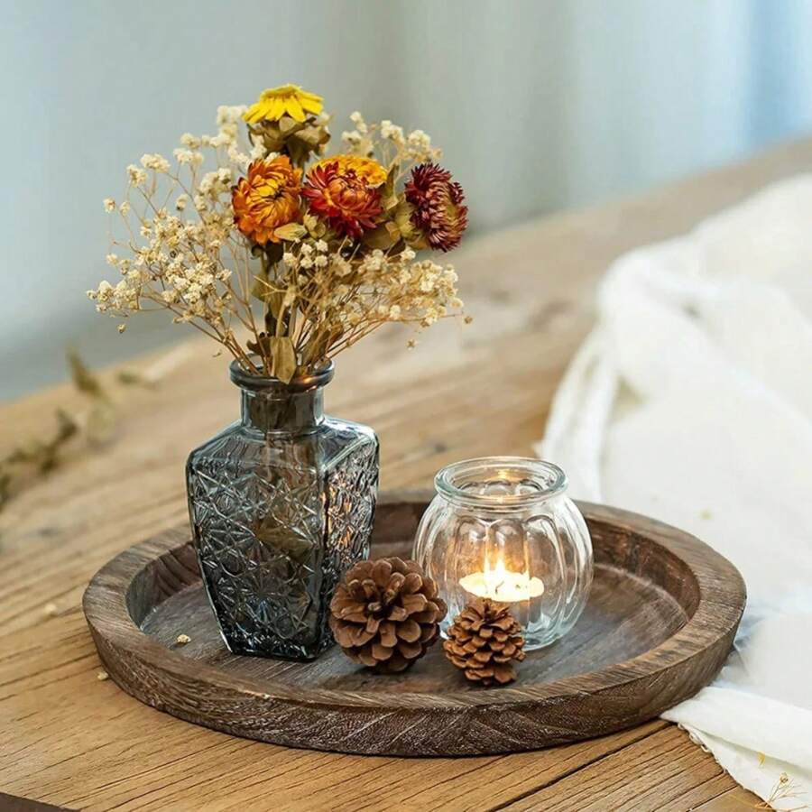 1PC Rustieke Houten Dienblad Kaarsenhouder Kleine Decoratieve Plaat Pilaar Kaarsen Dienblad Voor Boerderij Koffie Aanrecht Organizer Woondecoratie Beste Geschenken Verjaardagsborden Keuken Keuken Decor Dienbladen Fruit Dienblad Dienblad Decor