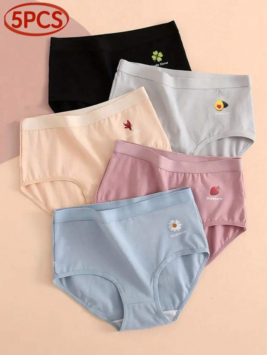 paquete de 5 bragas triangulares básicas, de cintura alta, cómodas, transpirables y elásticas, con estampado de frutas y flores