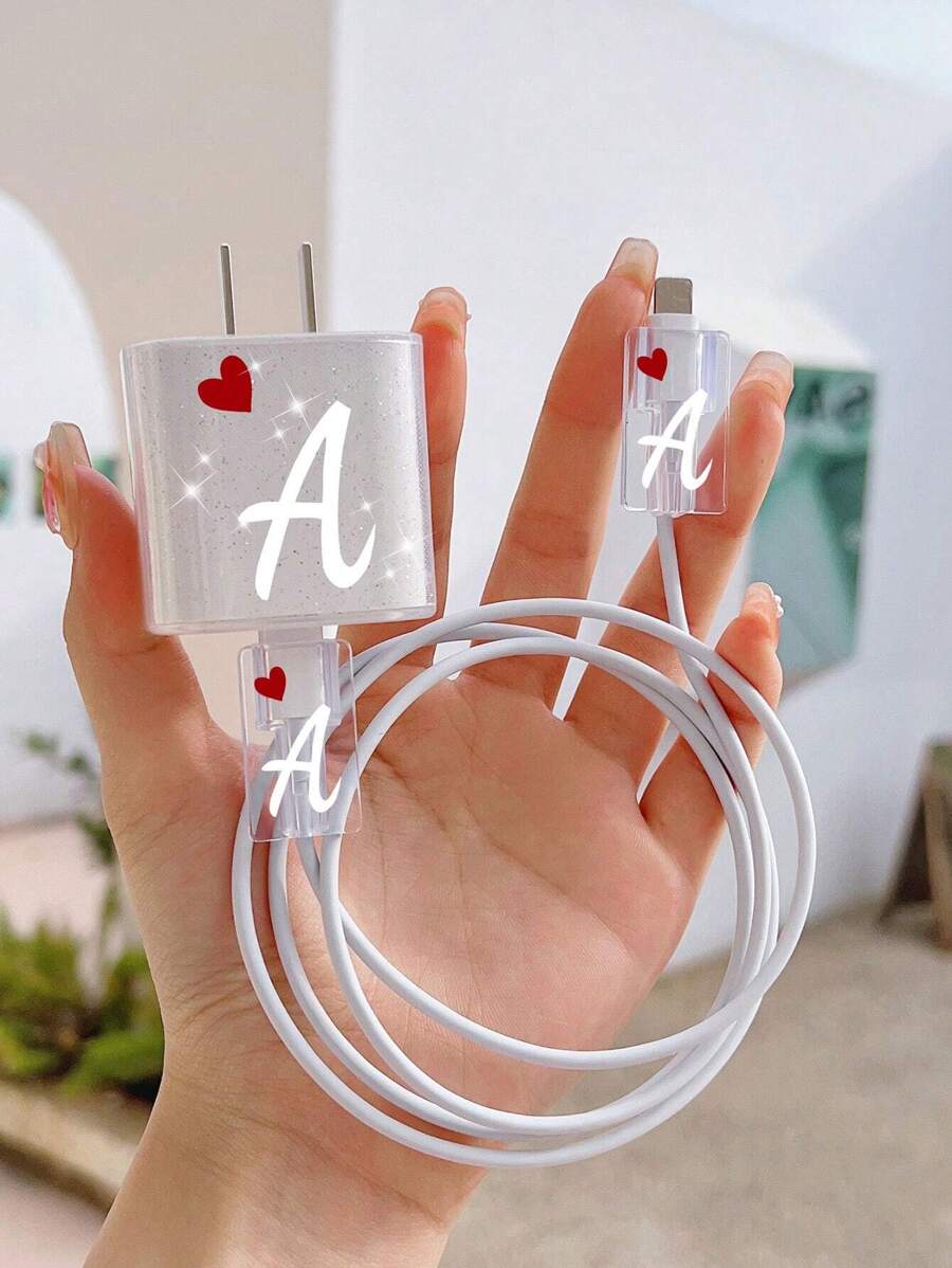 Transparent Glitter Heart Protective Case Compatible With Apple Charger Head (18w & 20w), Soft Shell
