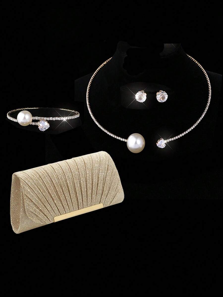 Luxuosa Gola Elástica Coração De Pérola Com Decoração De Strass Versátil E Fashion Para Mulheres, Conjunto De Pulseira, Brinco E Colar De Strass Para Noiva Em Festa, Bolsa De Noite Com Babado, Bolsa De Ombro Com Corrente, Conjunto Clutch De 4 Peças