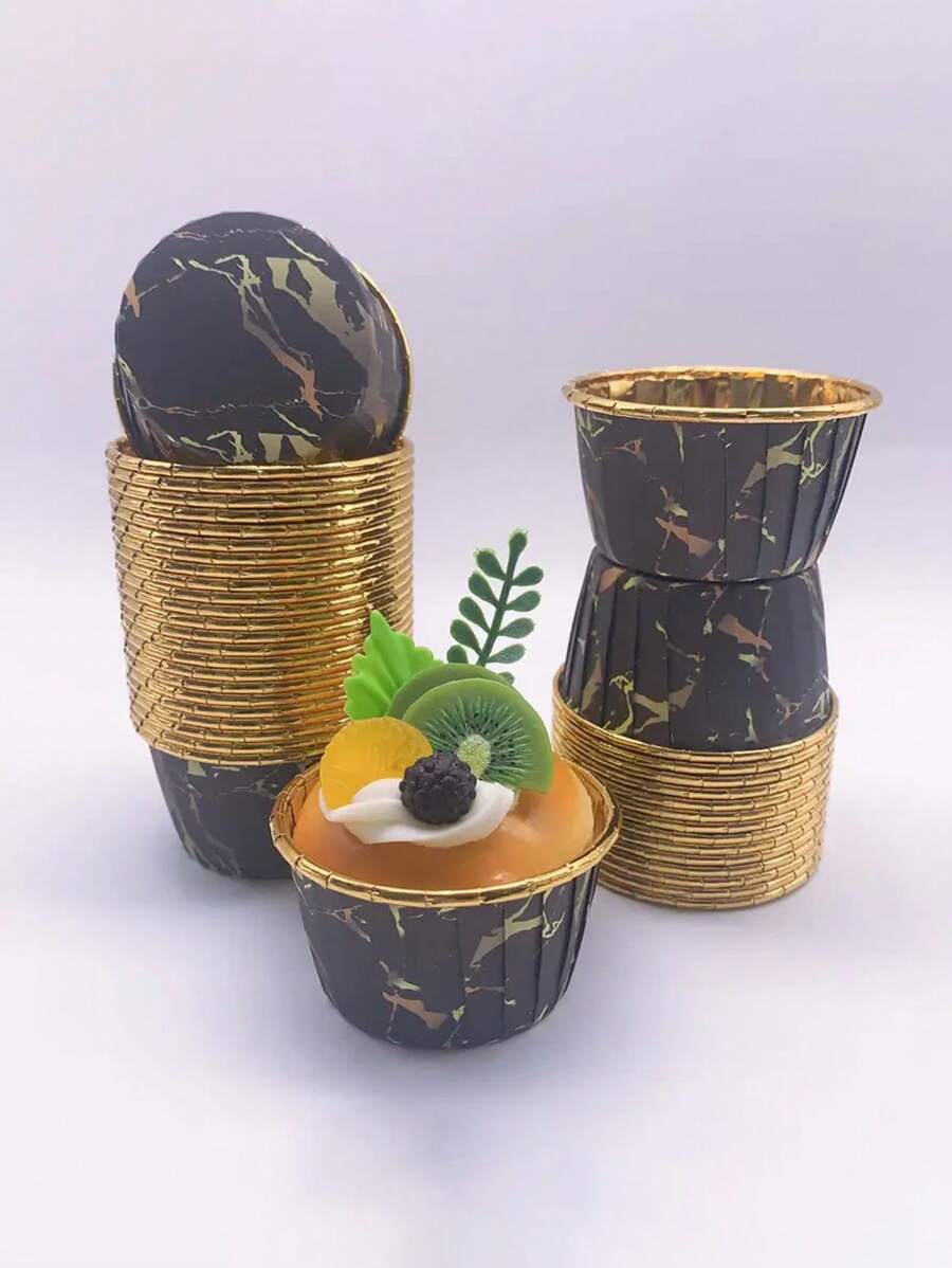 Forros de cupcakes con estampado de mármol negro de 50/25 piezas, tazas para hornear de borde enrollado de aluminio resistente a altas temperaturas, adecuadas para bodas, cumpleaños, fiestas y herramientas para hornear