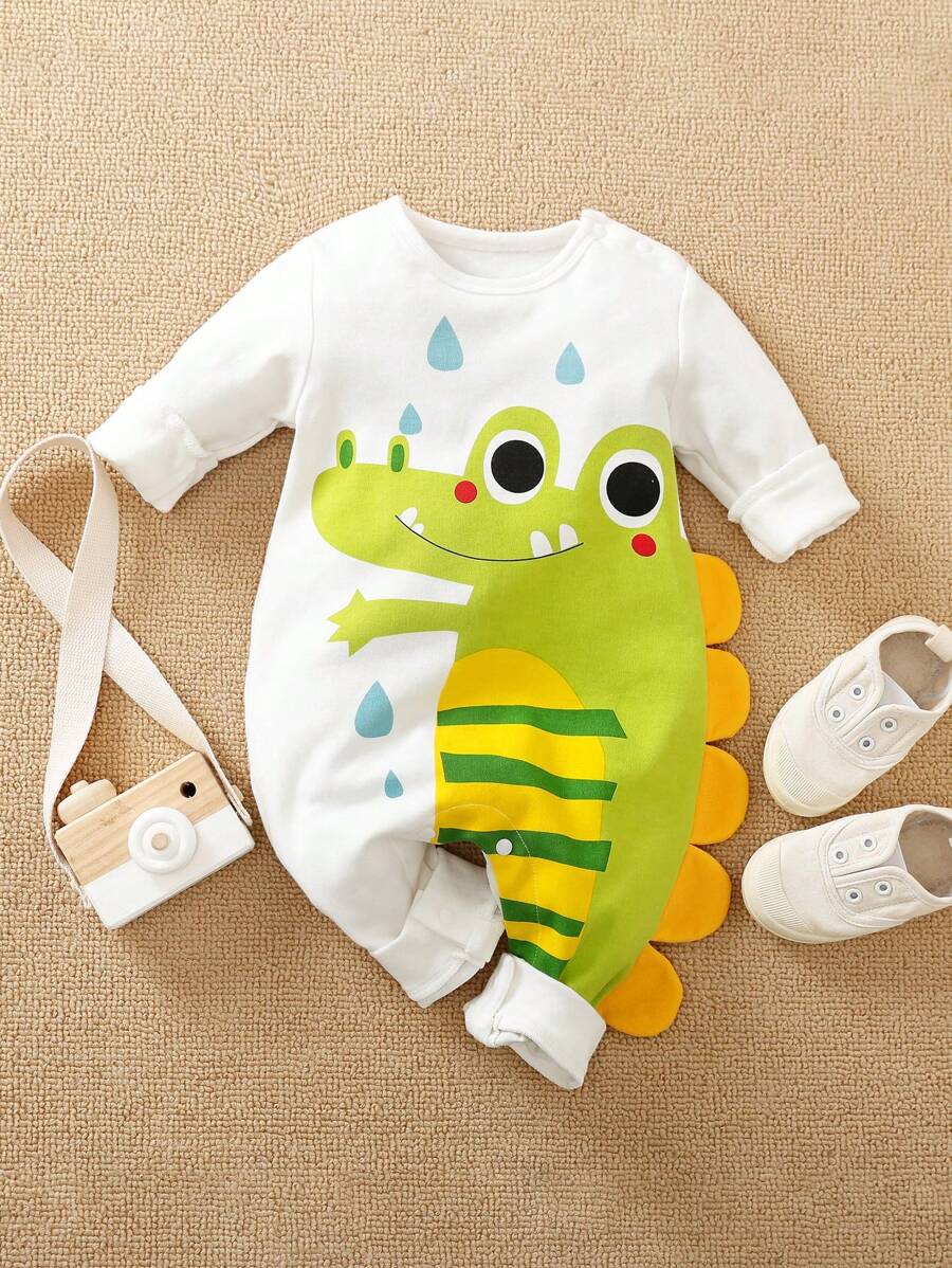 Yierying Tutina neonato maschio con motivo colorblock, simpatica stampa di coccodrillo con corna, colletto rotondo, morbida, per primavera/autunno