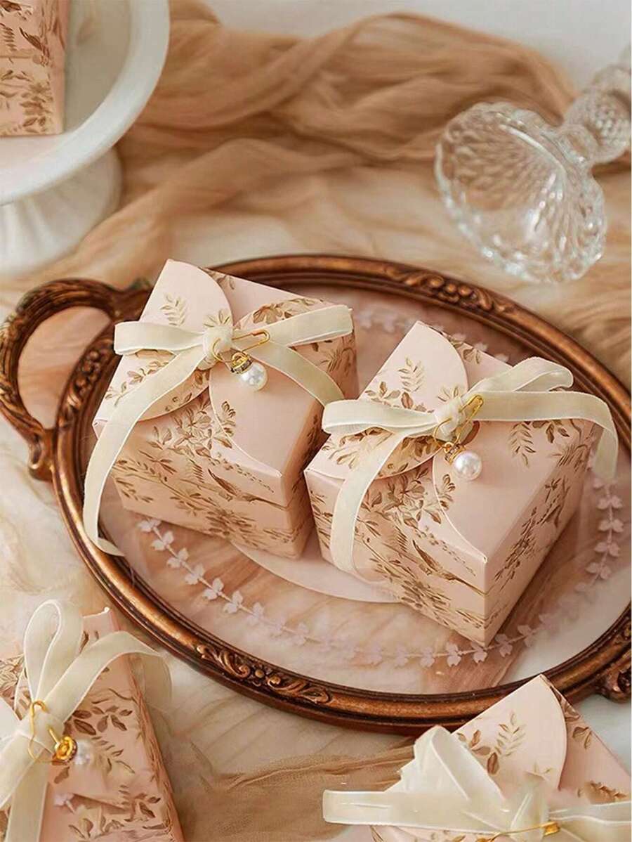 10 pezzi Scatole regalo di carta con design floreale e di uccelli moderni (con perle false e nastro coordinato nei colori), per decorazione di feste, matrimoni, compleanni, eventi in colori verde/viola/champagne/rosso