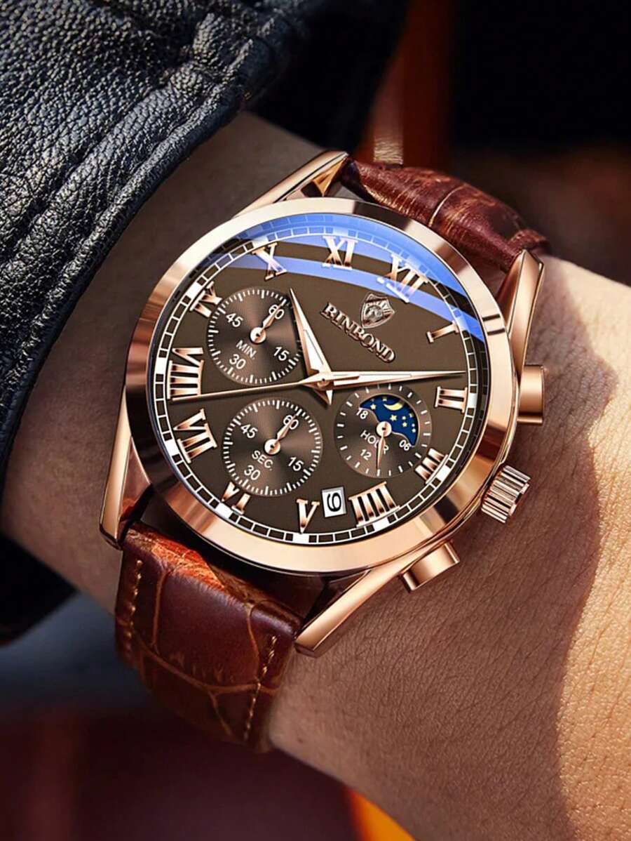 BINBOND BINBOND Men's Quartz Watch Luxury Sports Waterproof Chronograph Luminous Date Men's Watch Business Leather Men's Watch Clock