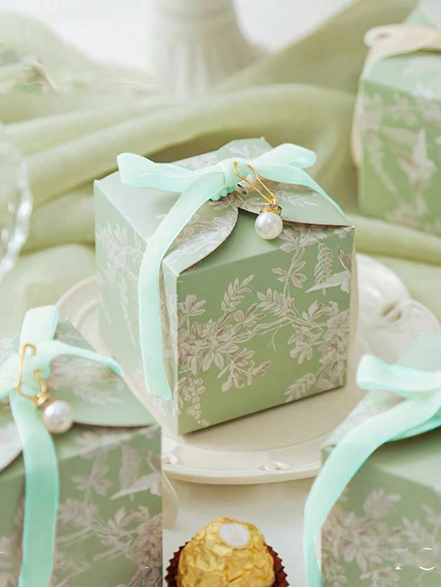 10 pezzi/15 pezzi/20 pezzi/30 pezzi Scatola regalo in carta con perle finte e nastro abbinato, motivo floreale moderno verde e uccelli. Adatto per decorazioni per feste, matrimoni, compleanni, festività.