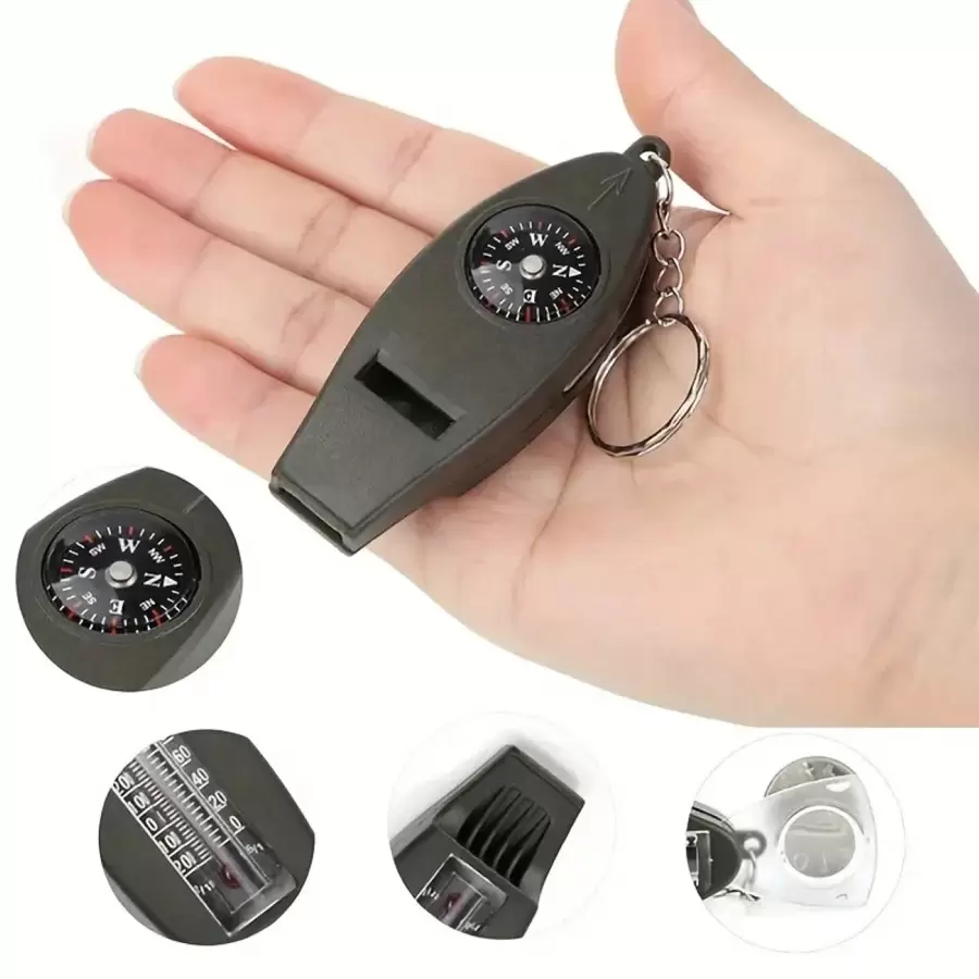 1pc 4-In-1 Multifunctional Field Emergency Survival Portable Whistle With Compass, Thermometer And Magnifying Glass, Outdoor Emergency Safety Tool, Very Necessary Tools In The Field. Suitable For Hiking, Hiking, Outdoor Camping, Fishing, Hunting, Sporting Events, Team Sports, Extreme Sports, Etc. Camping Stuff