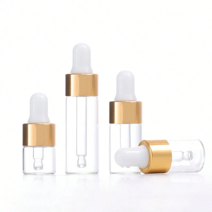 10 Peças Frascos de Vidro Transparentes a Prova de Vazamentos com Tampas de Alumínio Dourado - Tamanhos de 0,03oz, 0,07oz, 0,1oz, 0,17oz - Frascos Conta-gotas Mini Vazios para Óleos Essenciais, Viagem e Contêineres de Teste de Líquidos, Frascos de Óleo Essencial