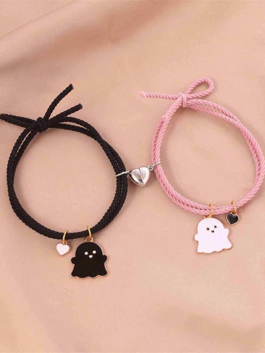 2 pièces/set Bracelets élastiques mignons à cœur magnétique et fantôme noir/blanc, cadeau d'amitié pour les meilleurs amis, sœurs, couples
