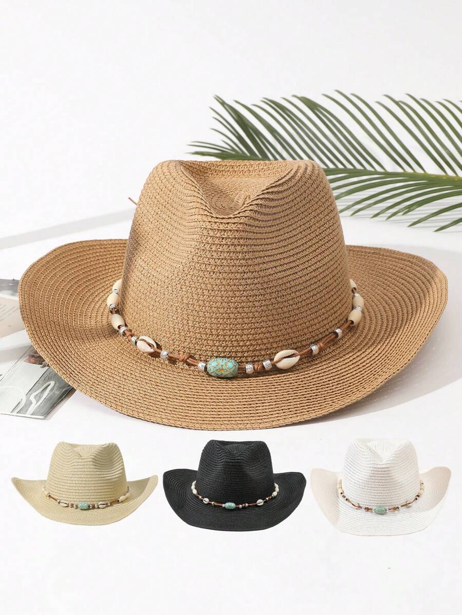 1 Pièce Chapeau Panama Jazz Boho Mixtes Décoré De Bétail, Chapeau De Cowgirl/cowboy, Chapeau De Plage En Paille, Adapté Pour Les Fêtes