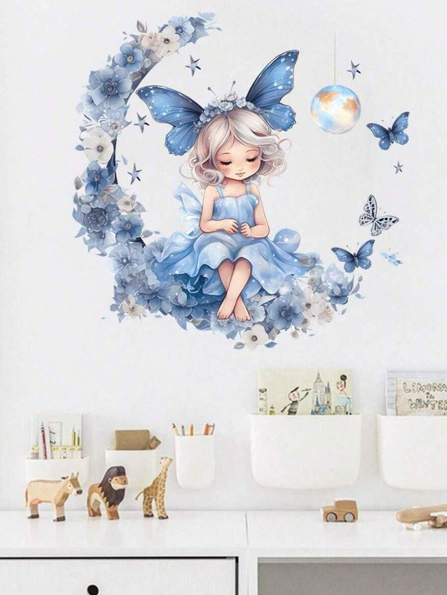 mama look 1 pieza Pegatina de pared extraíble con pintura de dibujos animados de princesa, luna, flores y mariposas para la habitación de los niños, dormitorio, decoración del hogar, pegatinas, decoración de pared, vinilos decorativos para decoración del hogar, artículos de decoración de primavera para refrescar su hogar, pegatinas de decoración de rama