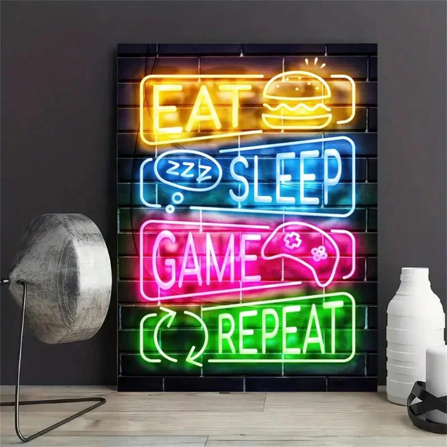 1 pieza Pintura en lienzo de Controlador de juegos de neón "Vida de gamer" para decoración de baño, dormitorio, oficina, sala de estar - Decoración del hogar perfecta