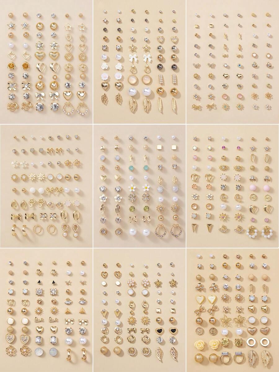 30 pares/conjunto de joias da moda, formato de coração de pérola falsa e decoração de strass, conjunto de brincos de pino femininos, presente para festival, com pino de metal floral, estilos diferentes, dia dos namorados, mãe, mãe, dia das mães, presente