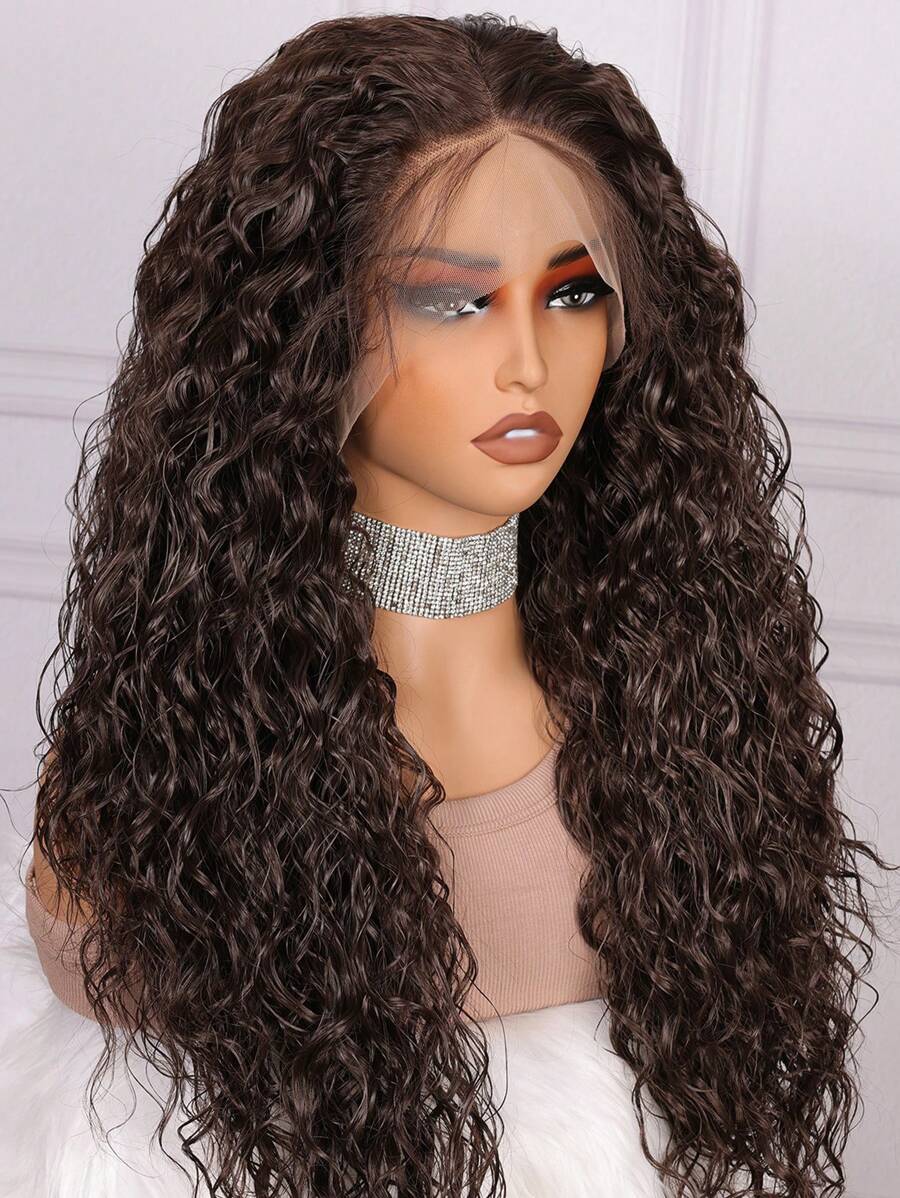 Chocolate Brown Soft Deep Lace Front Wig Water Wave Natural Synthetic Long 28inches 180Density Middle Part Kinky Curly For Christmas Baby Hair Glueless Preplucked Daily 1pc