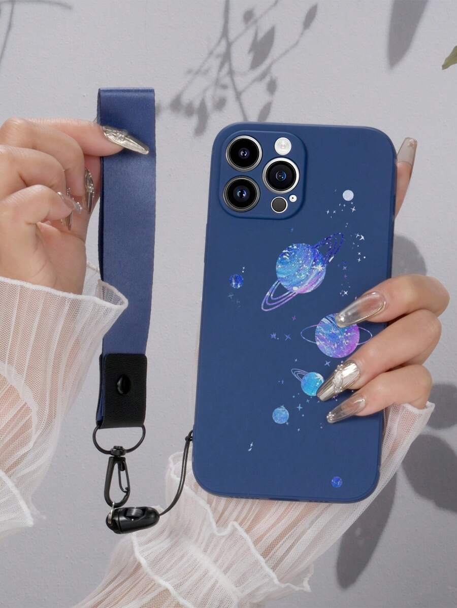 1pc Blue Galaxy Pattern Tpu Shockproof Phone Case And 1pc Blue Grenade Style Lanyard Compatible With Iphone/ Samsung/ Xiaomi/ Oppo