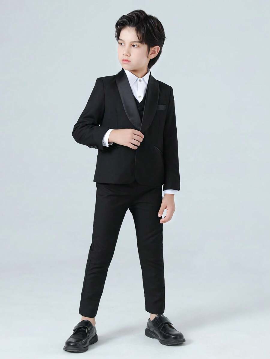 Chaqueta de traje de manga larga con cuello chal para niño, chaleco con botones y pantalones, conjunto de ropa formal de primavera/otoño