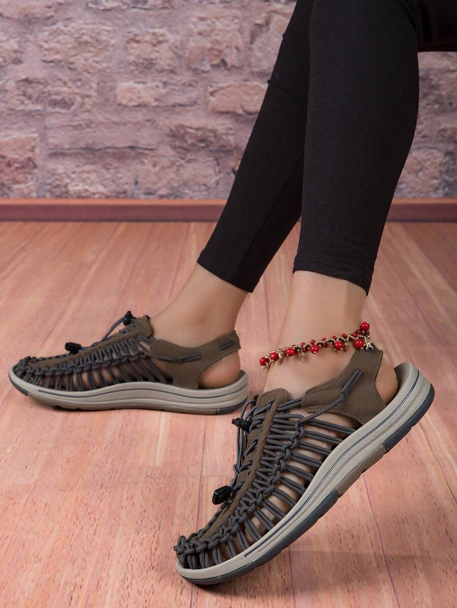 Handmade Gray Woven Women's Summer Comfortable Sandals, Fashionable And Casual Walking Shoes, Peep Toe Flat Slippers, Large Size Women's Beach Shoes