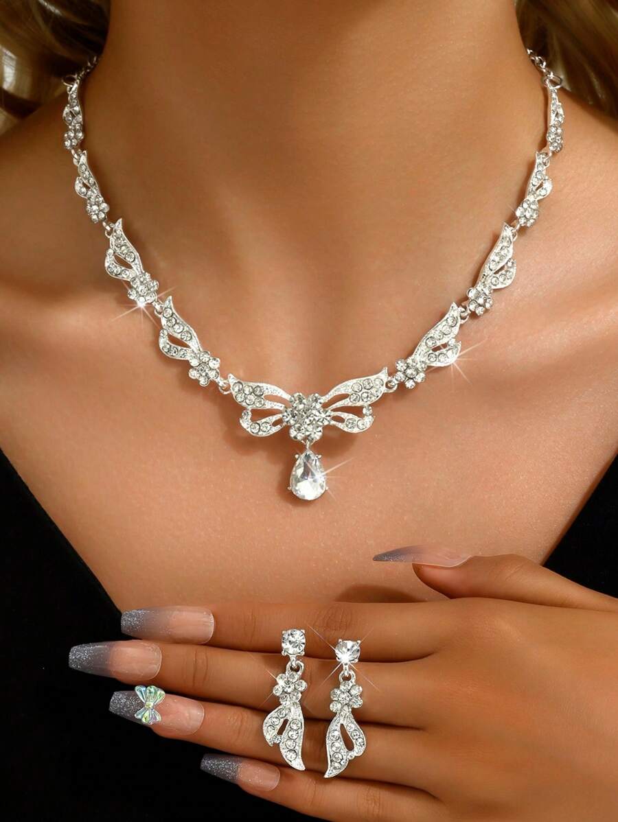 Conjunto de 3 joias femininas, strass de liga, gotas d'água, brincos com pingente, conjunto de colar, joias para casamento de noiva