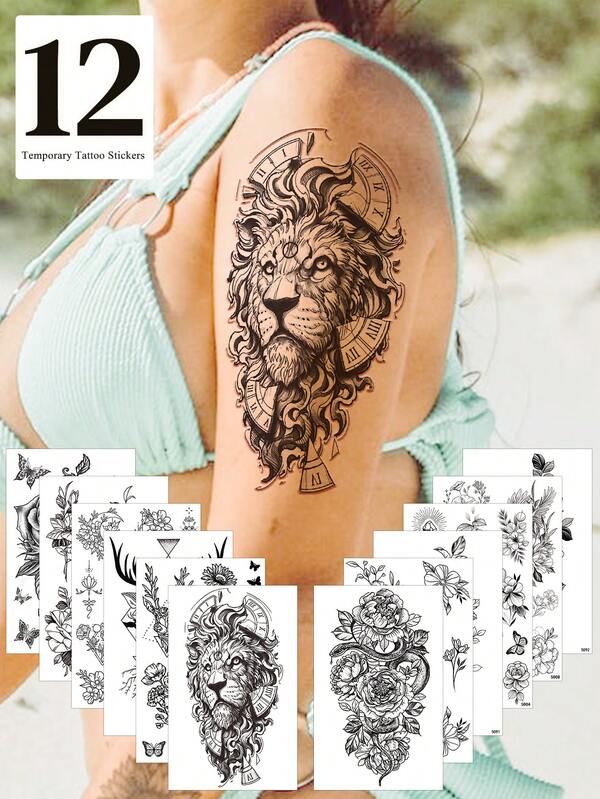 12 Half Arm Temporary Tattoos Sleeve Tattoos Waterproof Realistic Long