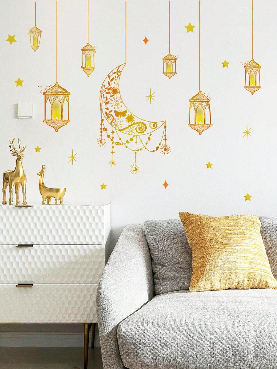 1 Pieza Pegatina De Pared Decorativa Para El Hogar Con Cadena De Luces De Estrella Y Luna