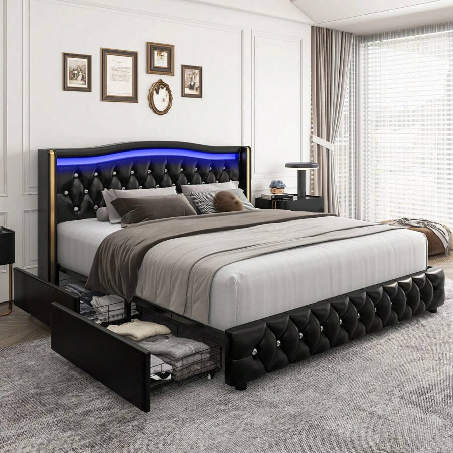 HIFORT Smart LED Bed Frame With 4 Drawers And Wingback Headboard, Faux Leather Platform Bed Frame With Diamond Tufted Headboard And Footboard, White/Black, Full/Queen/King