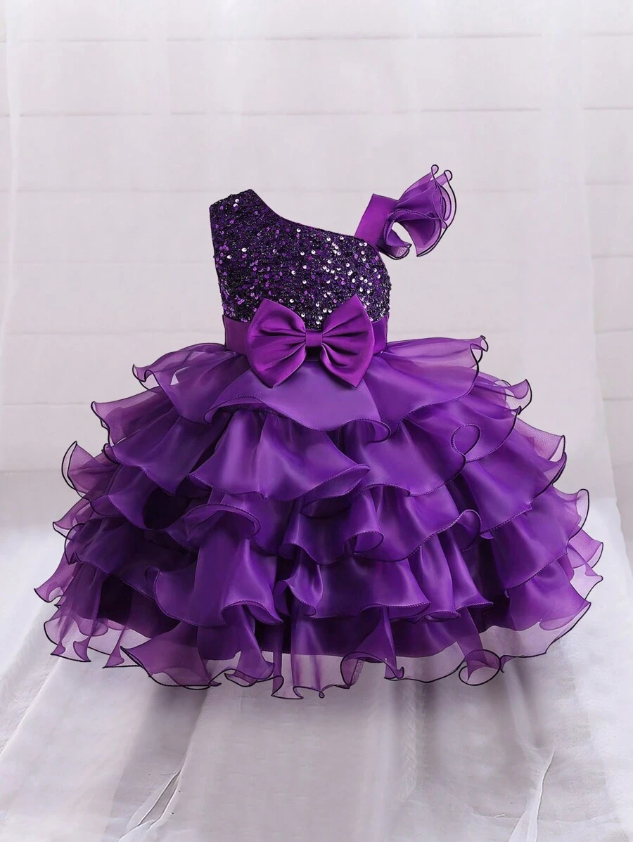 Baby Girl Sequin Bow Decoration Layered Ruffled Cake Dress, Elegant Party Dress Suitable For Birthday Party, Wedding, Not Including Hair Accessory