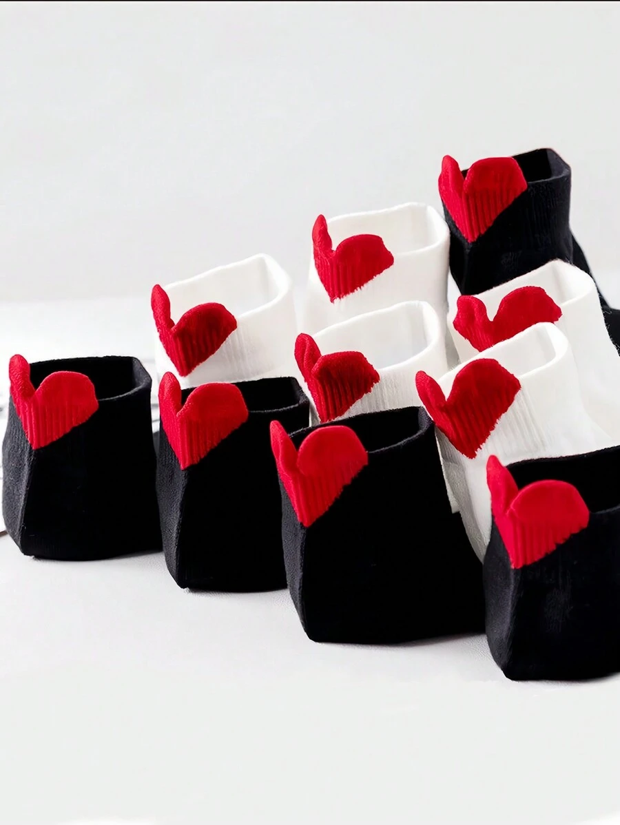 10 Pares/pack Calcetines De Mujer De Color Sólido Con Talón Estéreo Y Estampado De Corazón, Calcetines Cómodos Y Transpirables Estilo Lady Boat De Corte Corto En Estilo Universitario