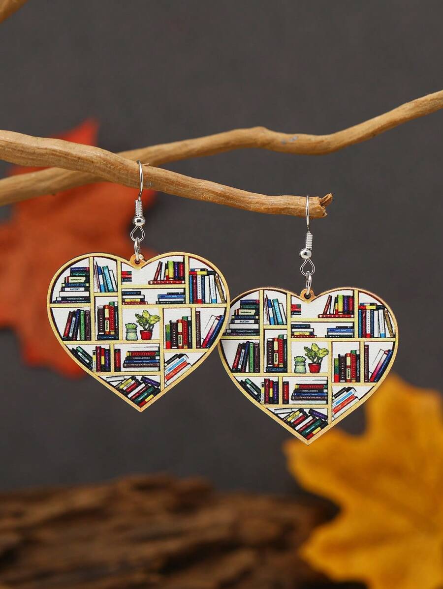 1 par de pendientes creativos de libros de madera con diseño de papelería, joyería para el Día del Maestro