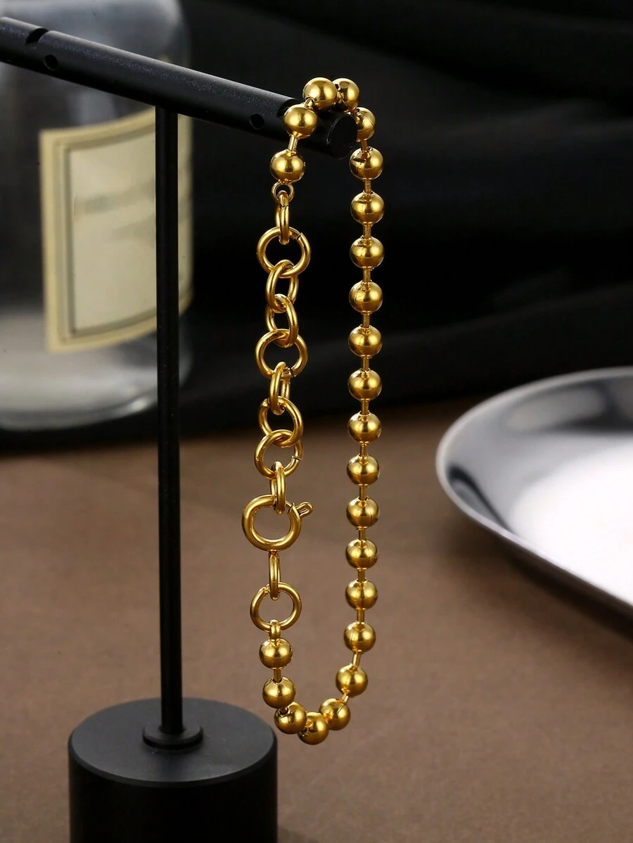 ZG YING ZHOU ZGYZ 1pc Fashionable Stainless Steel 18K Gold Color Small Bead Chain Bracelet, Unisex, Versatile For Nightclub, Wedding, Banquet, Style Black Small Ball Bead Strand Bracelet