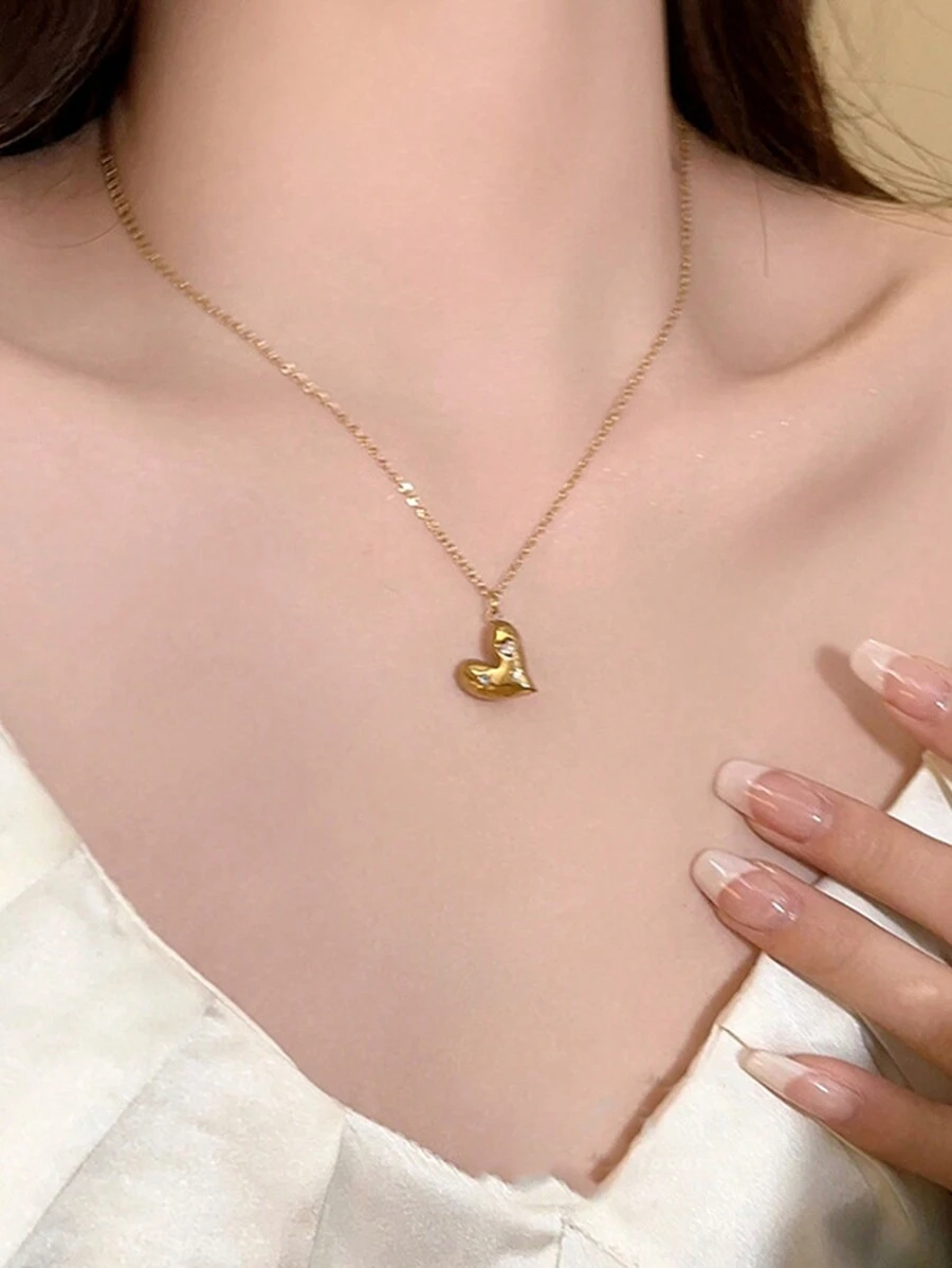 1pc Elegant & Lovely Stainless Steel Enamel Heart Shaped Pendant Necklace, Suitable For Women To Wear To Parties Or Fashionable Commuting