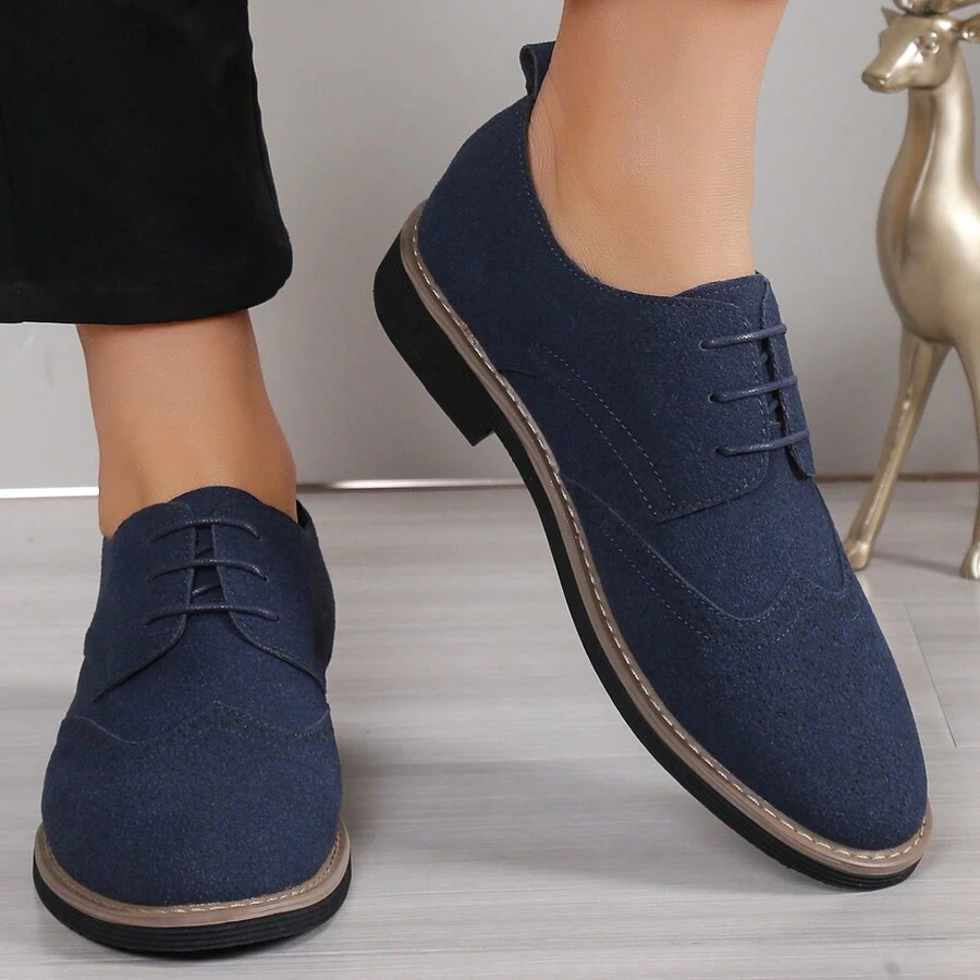 Men's Matte Lightweight Block Carved Round-Toe Low-Cut Lace-Up Low-Heel Pu Leather Shoes, Suitable For Casual, Pedestrianism, Students, Four Seasons