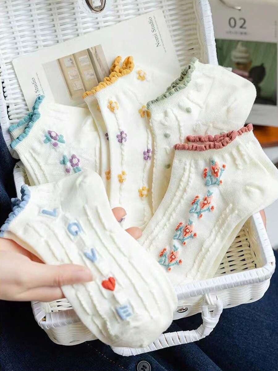 5pairs/Set Women's Thin, Breathable, Sweat-Absorbing, Cartoon Patterned Socks For All Seasons