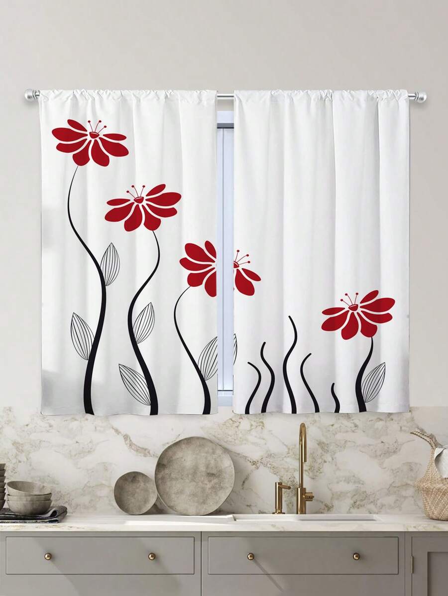 2pcs Red Flower Kitchen Curtains,Without Holes Curtain,Refer To Bedroom Office Kitchen Living Room Study Home Decor