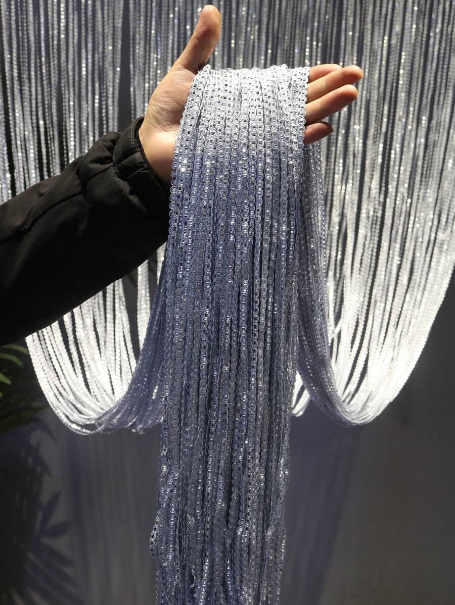 1pc Shiny Silver Thread Curtain With Thickened S Curtain Design And Tassel Decoration, Used For Window, Door, Room, Wedding Decoration