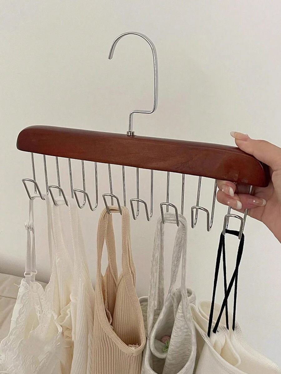 1pc Space-Saving Wooden Multifunctional Clothes Hanger, With 8 Hooks For Cabinet, Tie, Scarf, Belt, Etc.