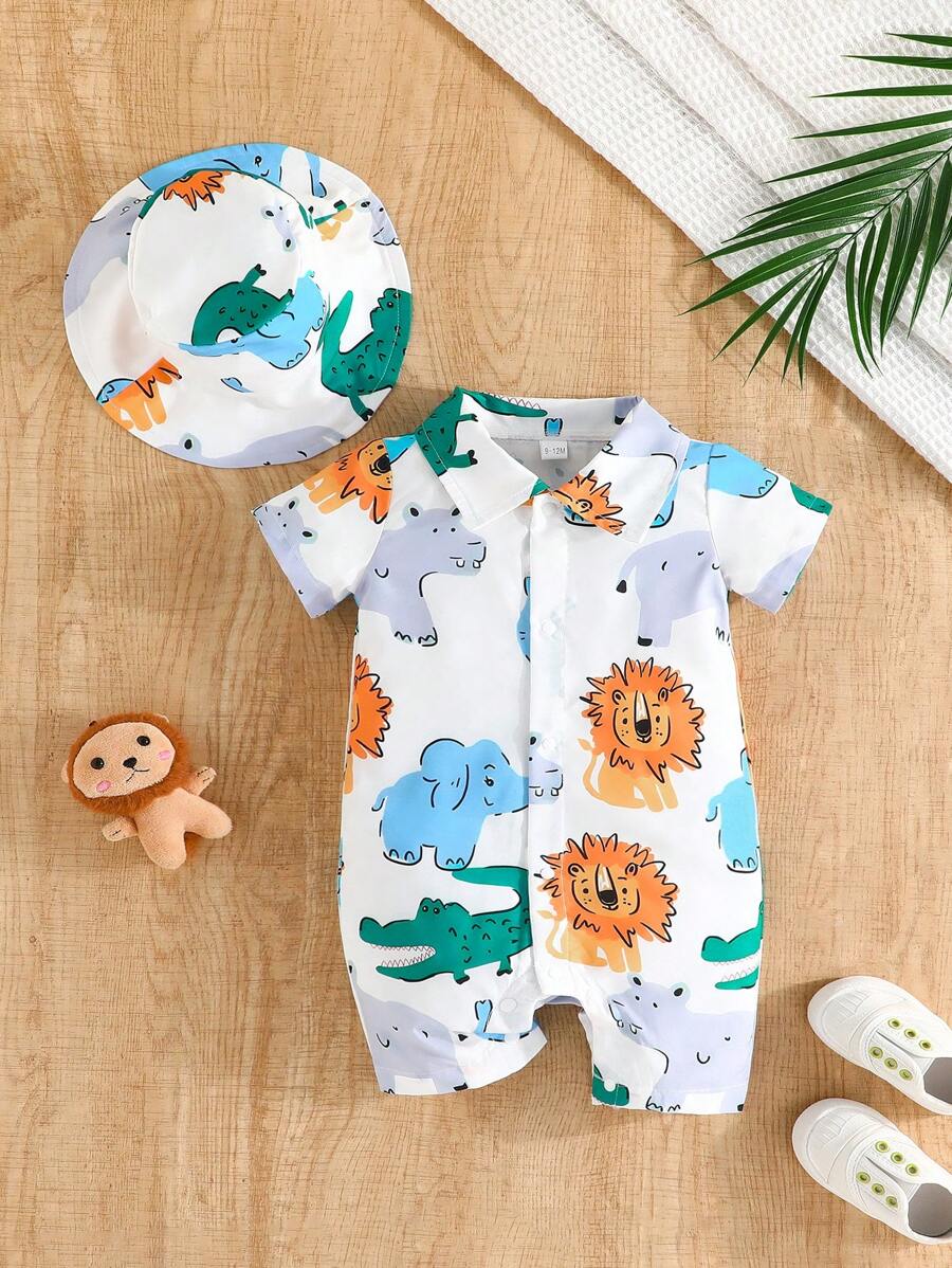 2 stukken Pasgeboren Baby Jongens Lente/Zomer Dieren Tekening Patroon Geprint Shirt Stijl: Romper Met hoed Sets