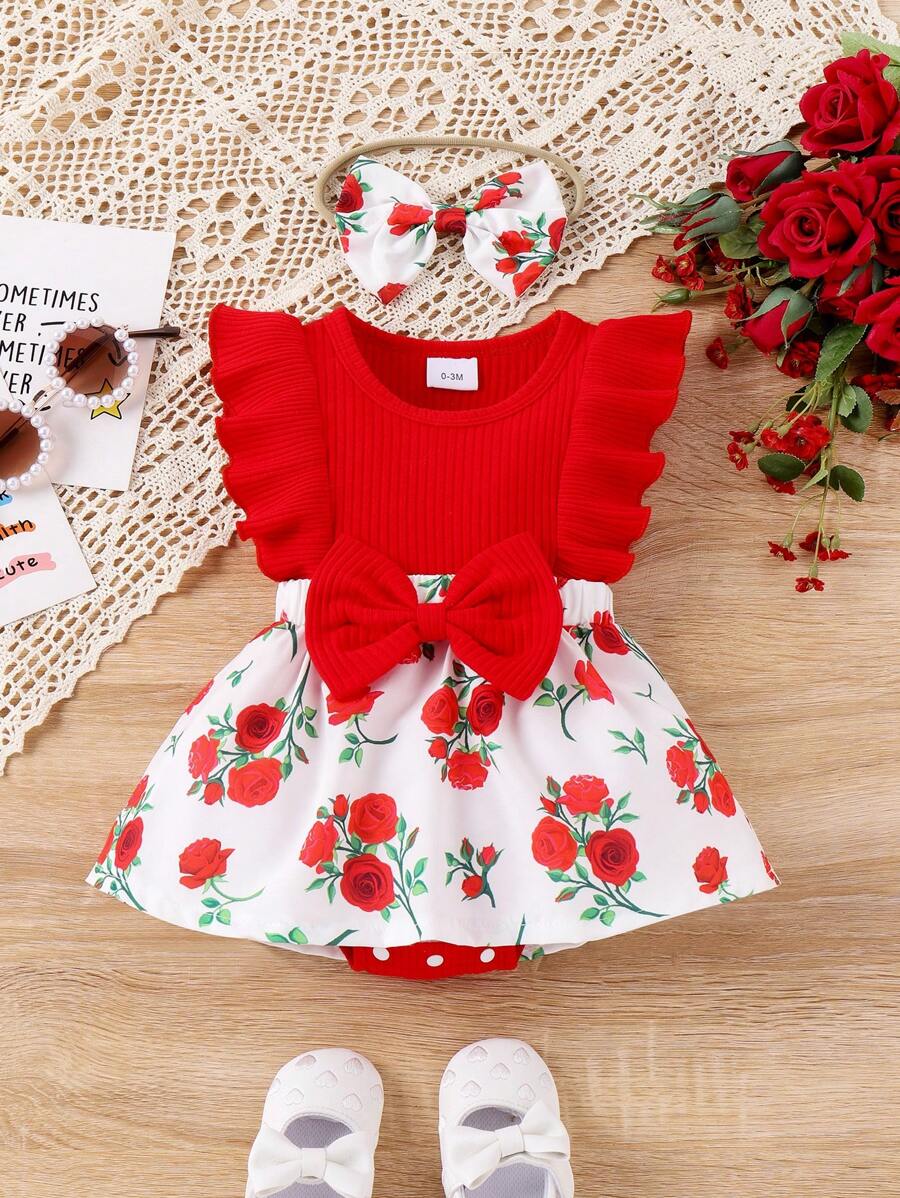 Set da 2 pezzi Pagliaccetto neonata con motivo a rose, arricciature, contrasto di colore e cappuccio, con fascia per capelli, stile casual da vacanza