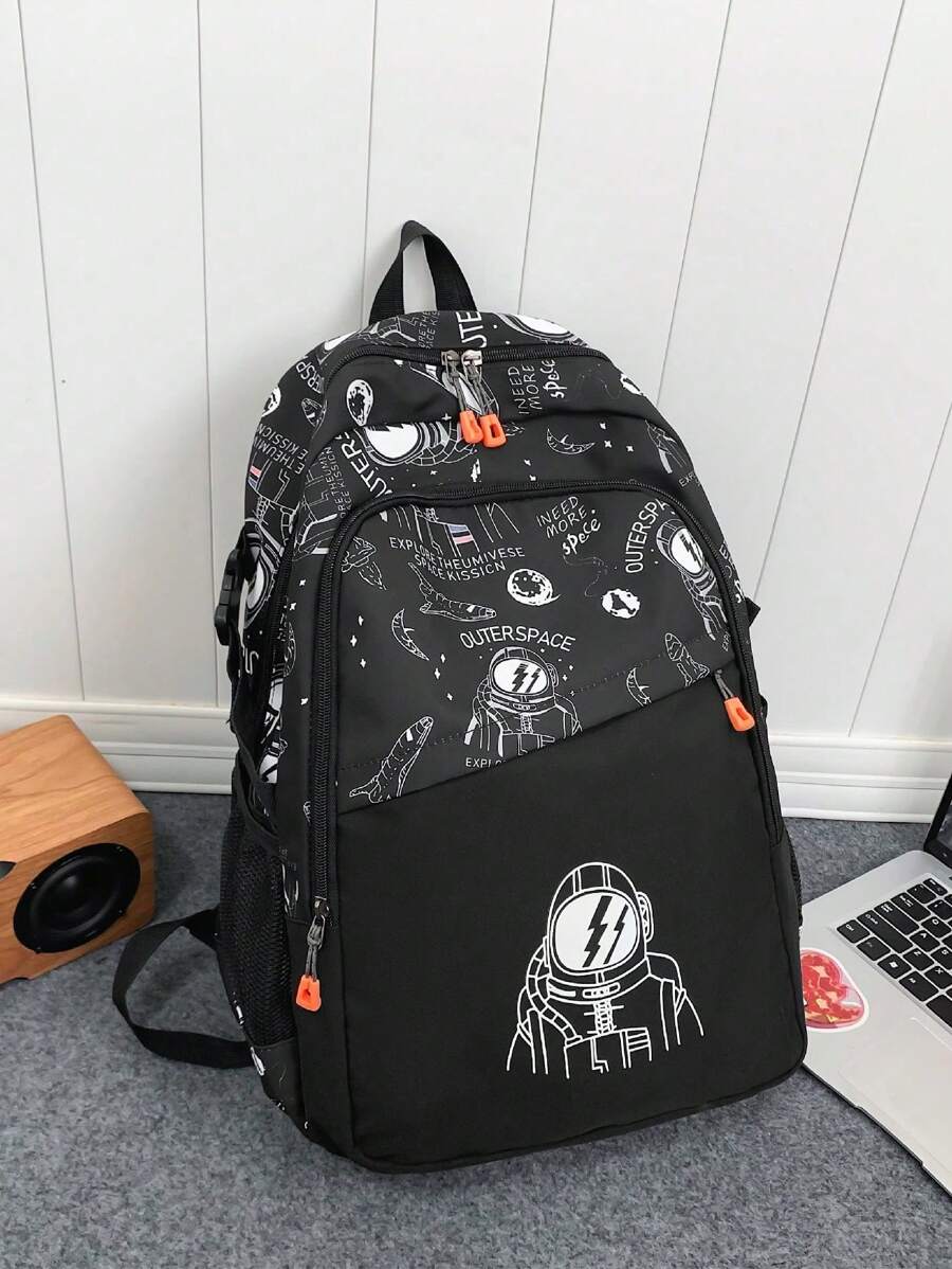 1 pieza Mochila unisex de nailon con estampado de niño espacial y estampado de letras, cierre con cremallera, bolsa de hombro casual y de moda para la escuela