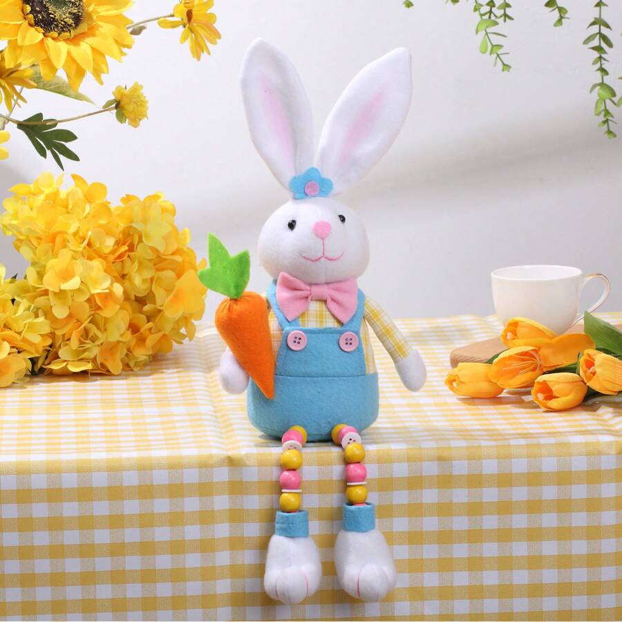 1 Pieza Figurina De Conejo De Pascua Con Perlas En Las Patas Que Sostiene Huevo Y Zanahorias, Decoración De Conejo Lindo