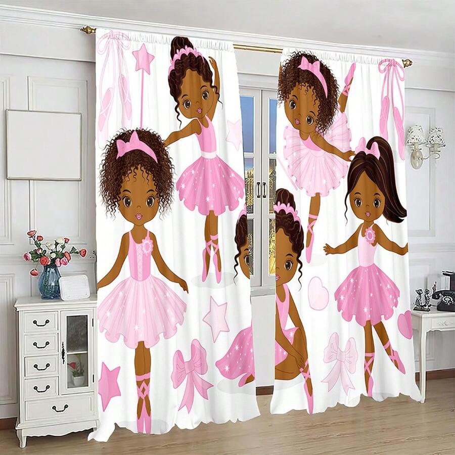 2pcs/Set Lovely African American Princess Ballet Dancing Digital Printed Curtain, Polyester Material, Pocket Rod Style, Suitable For Living Room, Bedroom, Study, Bathroom, Classroom, Home Decor