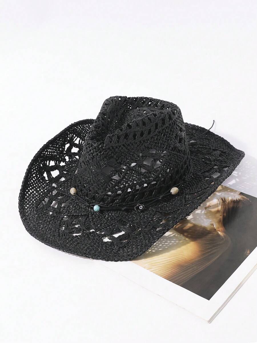LEAJOURNO. 1pc New Outdoor Men&Women Couple Sun Hat Summer Touring Sun Protection Wide Brim Cowboy Straw Hat, Handmade Woven Foldable Hat