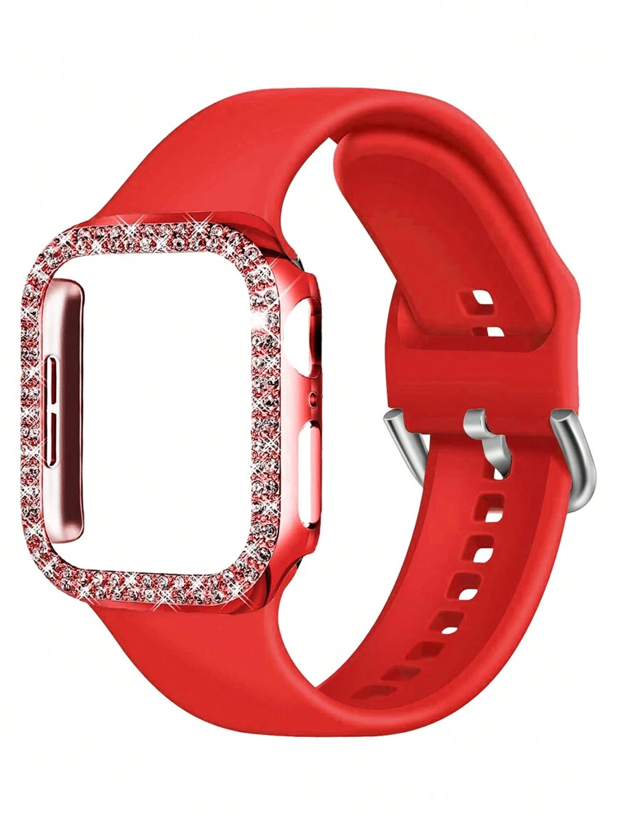 Compatible With Apple Watch Band And Case Combination Set Women's Fashion Sports Soft And Comfortable Metal Buckle Silicone Band + Anti-Drop, Anti-Scratch Shiny Double Row Diamond Hard PC Case Compatible With Apple Watch 38/40/41/42/44/45/46/49MM Band And Cases Compatible With Apple Watch Series Ultra/10/9/8/7/6/5/4//3/SE Replacement Band Case Set