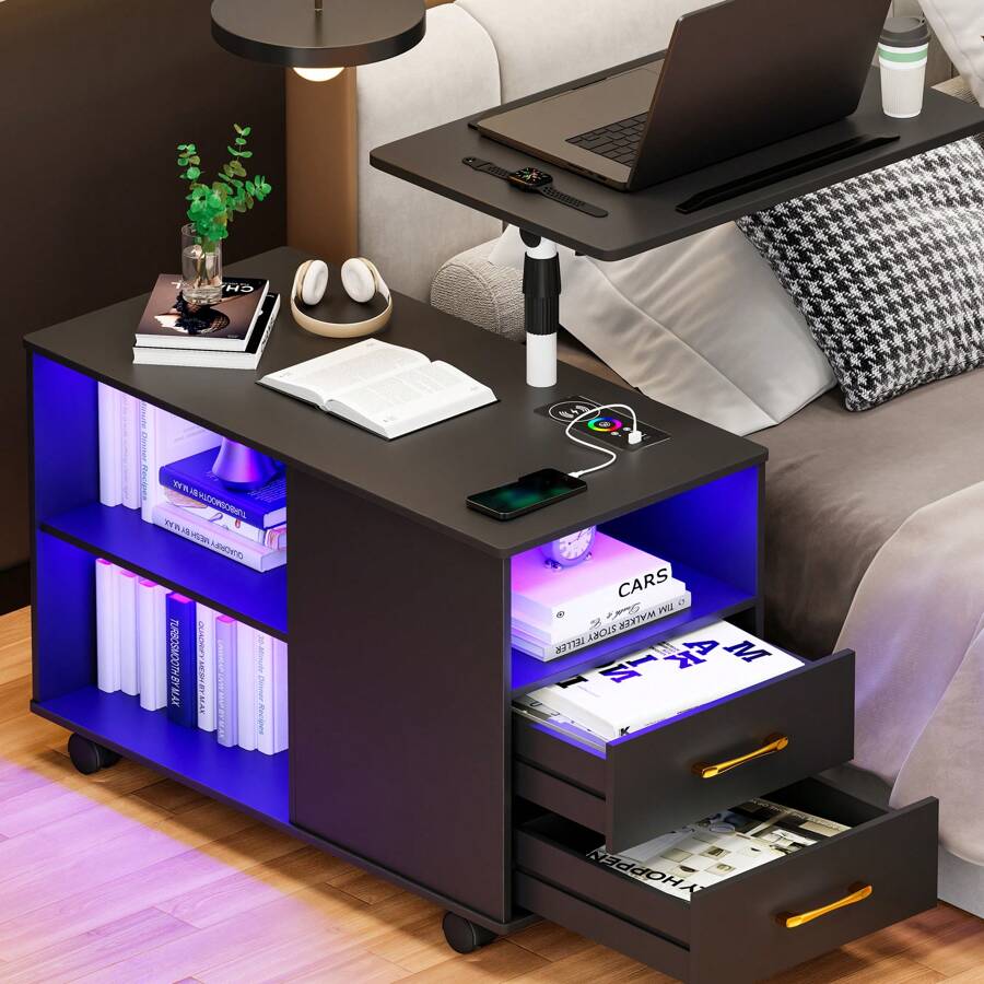 Lvifur 360° LED Nightstand With Wireless Charging Station, Movable Adjustable Bedside Table With Laptop Tray, Auto Sensor Night Stand With 24 Color Dimmable