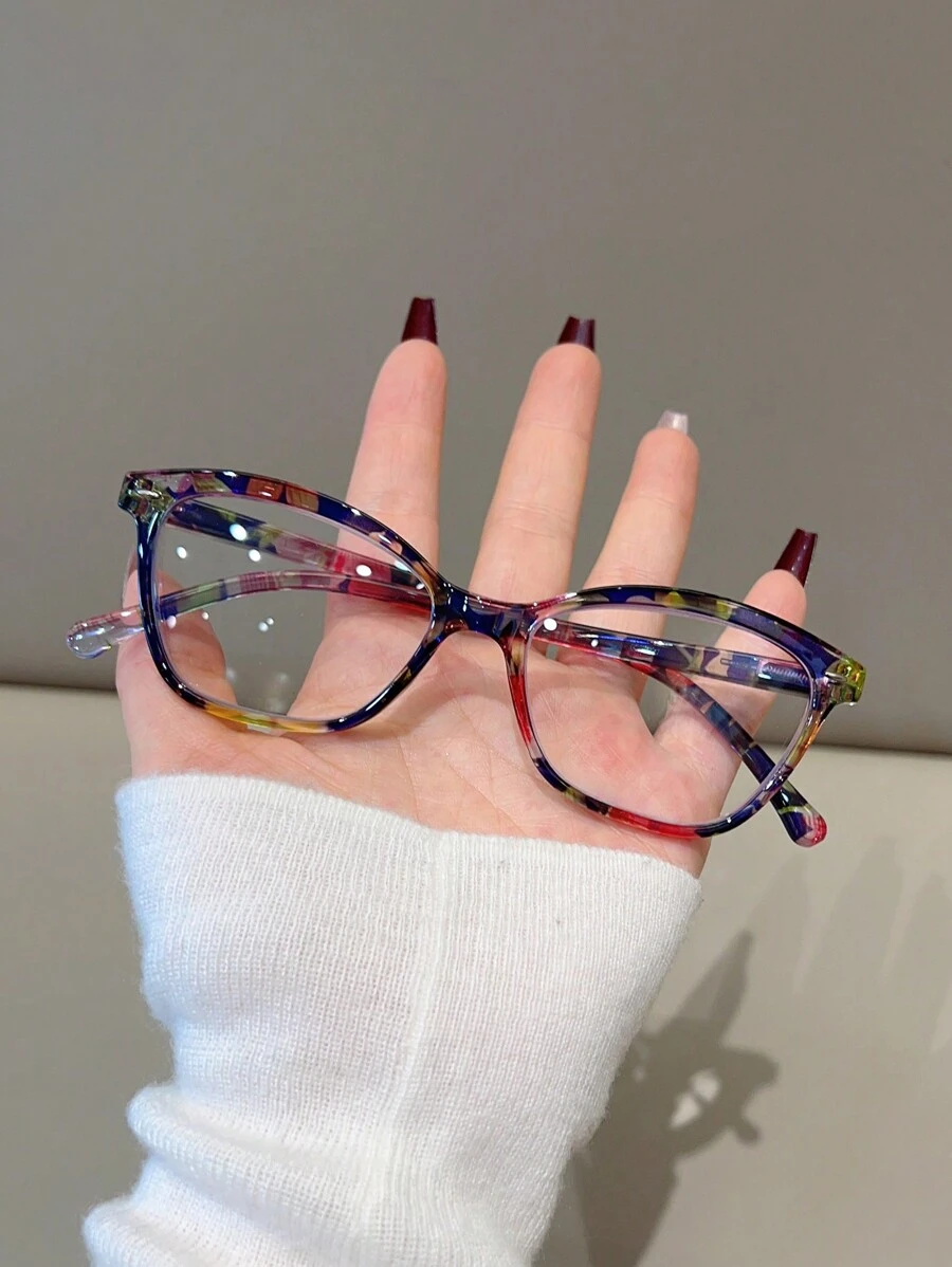 1pc New Printed PC Glasses Frame With Adjustable Spring Temples, Clear Lens Eyeglasses