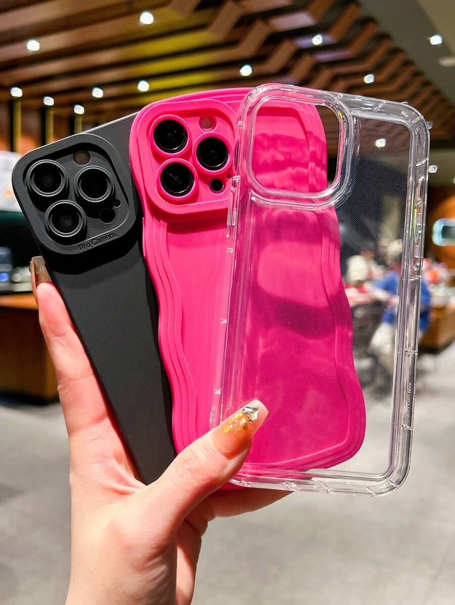 Apple Hot Pink 3pcs/Set Solid Black Pupil Rose Red Wavy Shell Airbag Clear Protective Case TPU Anti-Drop Phone Case Compatible With Iphone 15/16 Unisex