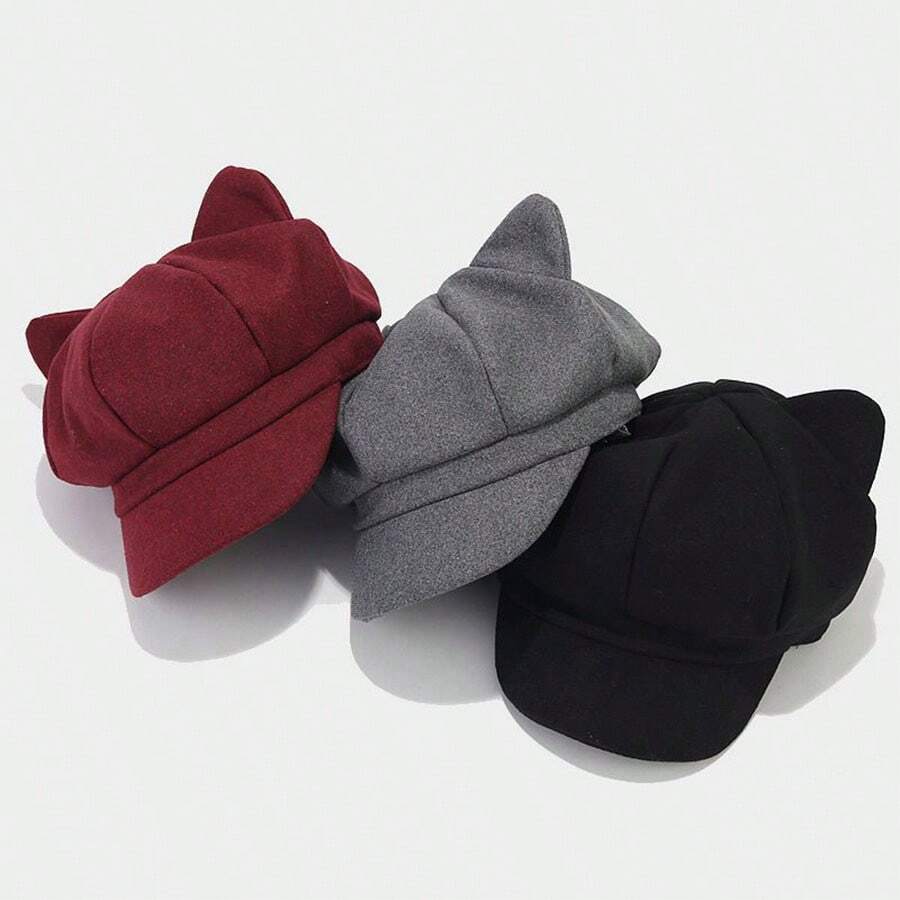 1pc Women's Cute Cat Ear Octagonal Cap British Style Vintage Knitted Newsboy Hat Winter Fall
