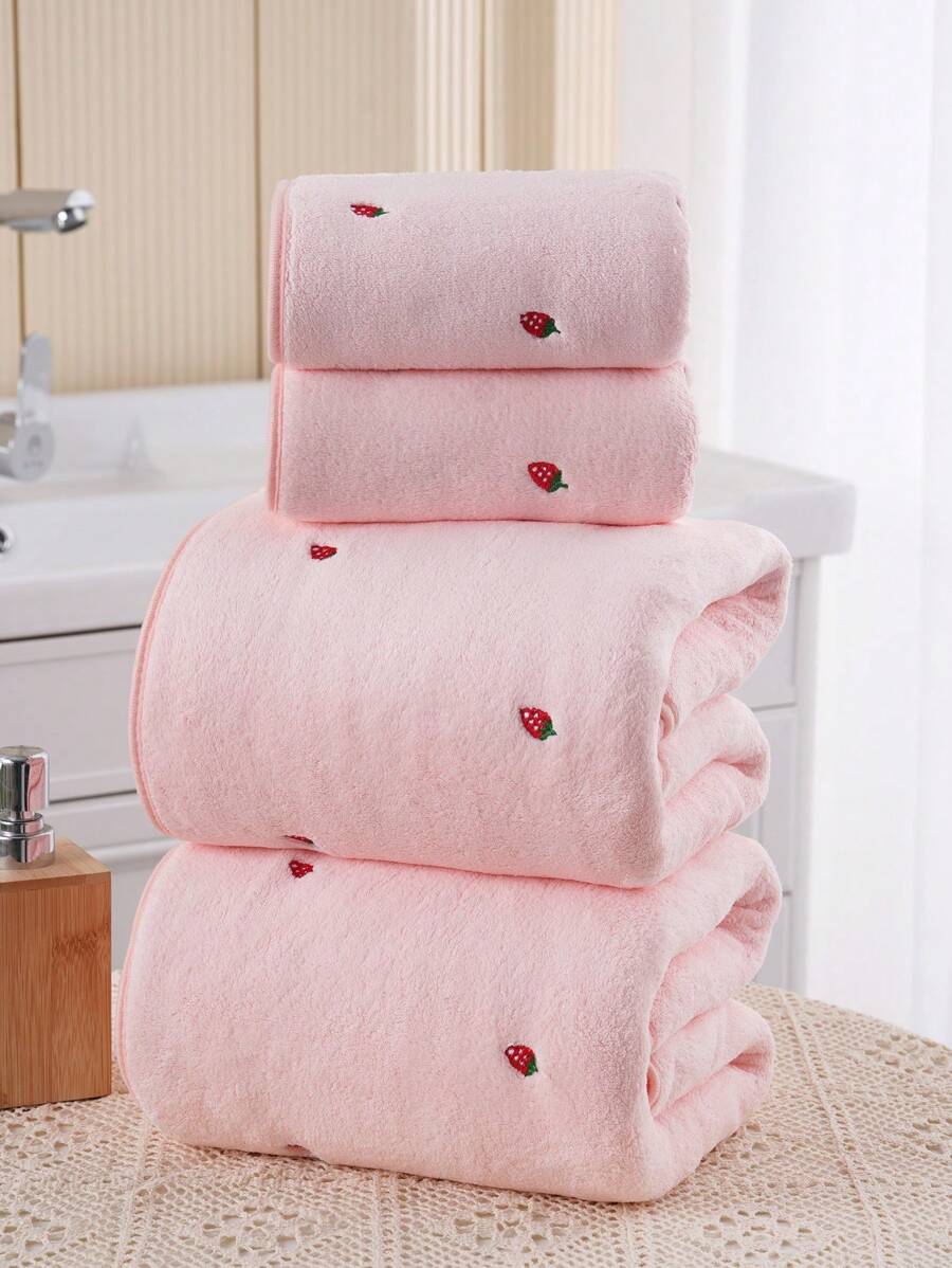 1/2/3pcs Coral Fleece Embroidered Cherry Hand Towel/Face Towel/Bath Towel, Absorbent Microfiber Solid Color Embroidered Strawberry Bath Towel Or Hand Towel, Couples Use, Soft & Skin-Friendly, Bathroom Accessories For Beauty Salon Home Bathroom