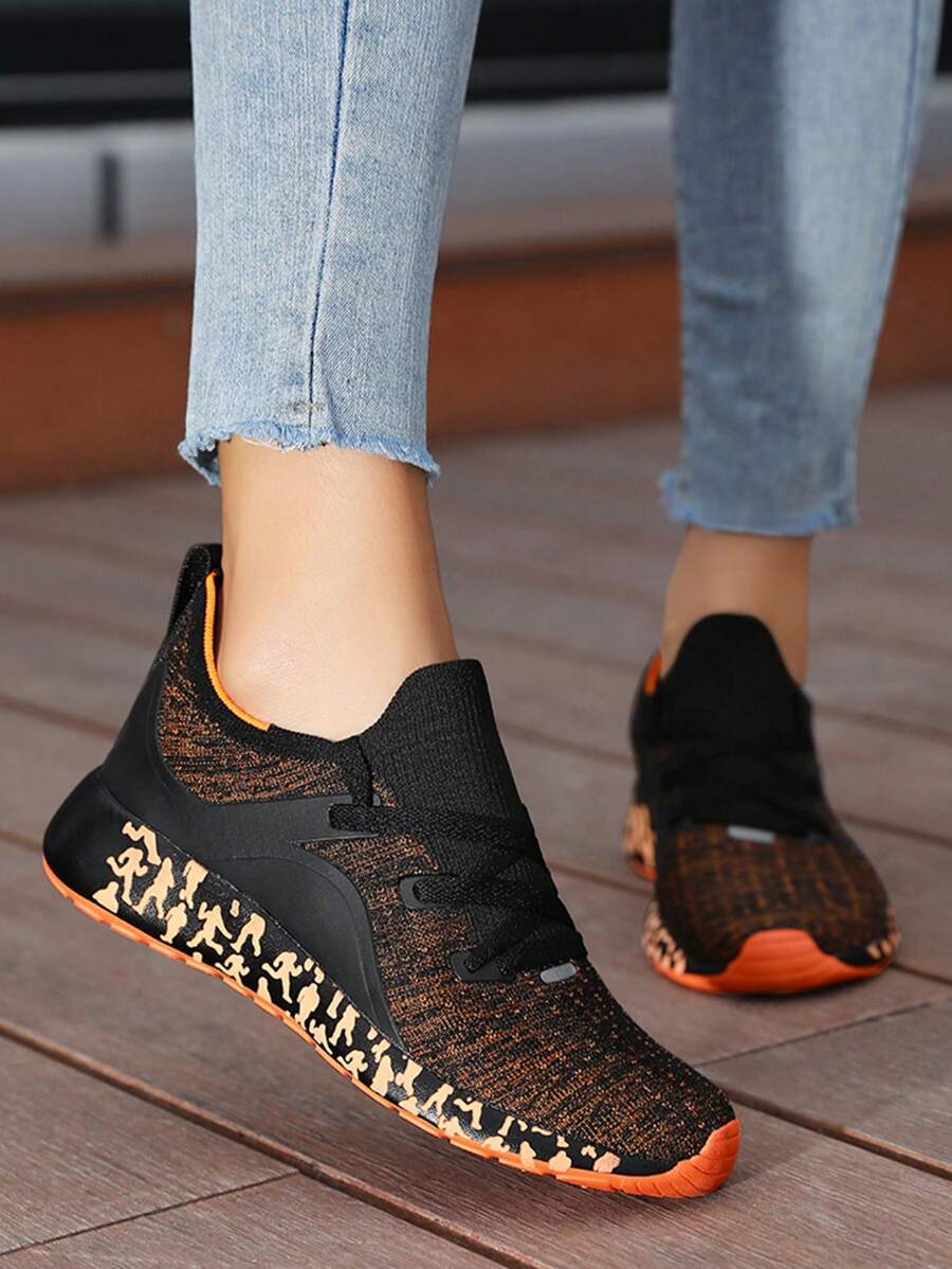 Women's Lightweight Breathable Sport Shoes, Fashionable Casual Sport Pattern Soft Running Sneakers, Black & Orange