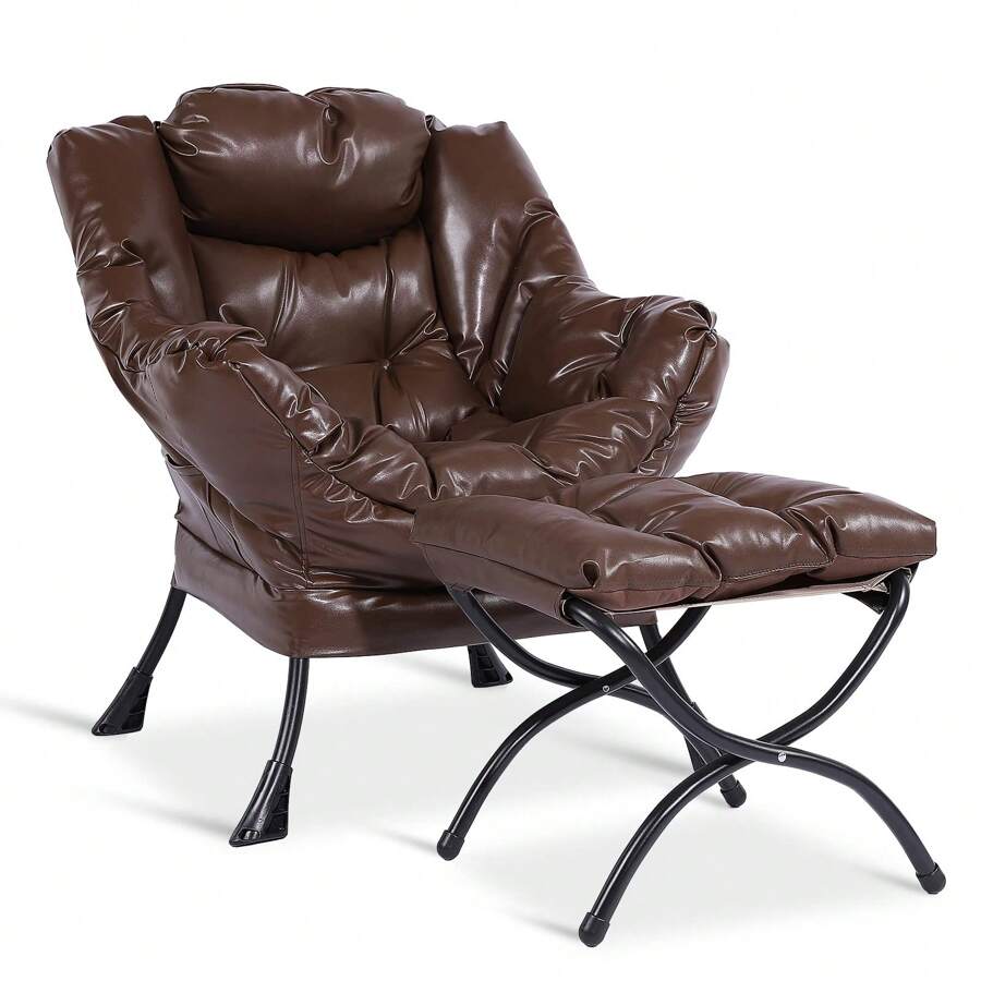 MEETWARM Modern Upholstered Lazy Chair, Accent Contemporary Lounge Chair, Single Leisure Sofa Chair With A Side Pocket, Armrests And Thick Padded Back For Living Room