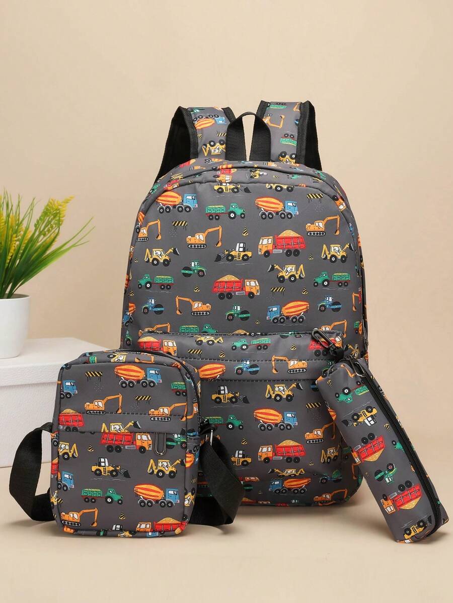 3 pièces sac à dos de conception d'excavatrice et de camion de dessin animé d'étudiant, sac à bandoulière, trousse à crayons combinée, adapté à un usage quotidien, placement aléatoire du motif